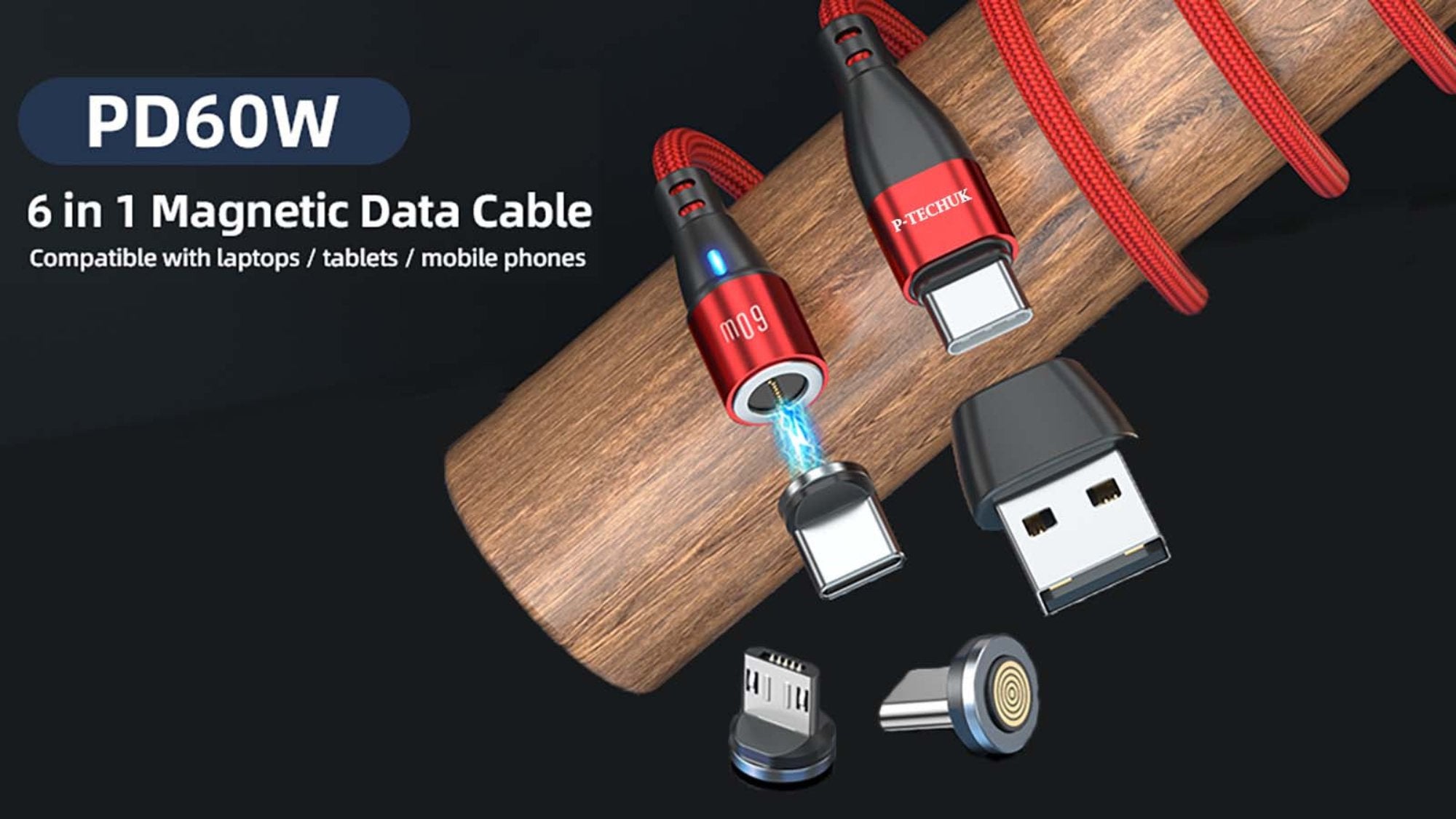 P-TECHUK Pro 60 60W Universal UBC C Magnetic Data Cable